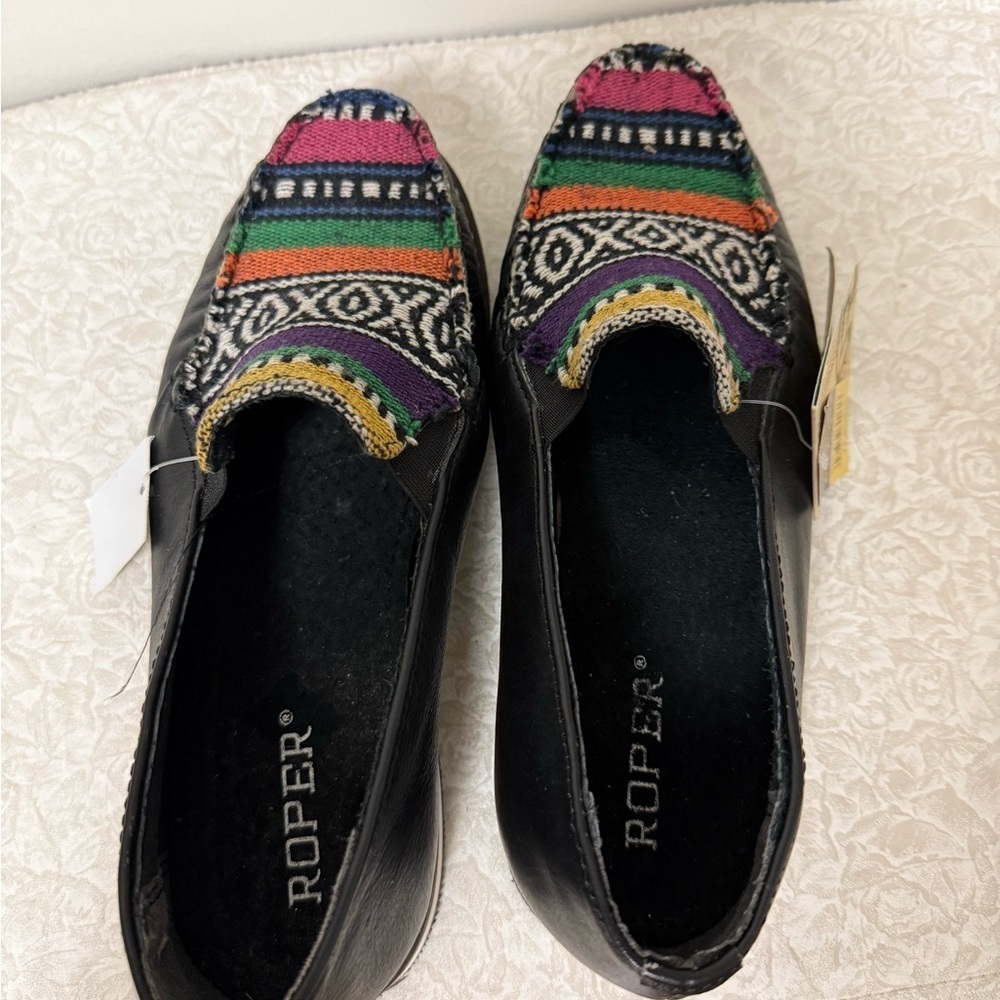 NWT Roper Ladies Jacolin Leather/Serape Shoes Black Country Western Loafers 7.5 - Picture 8 of 14